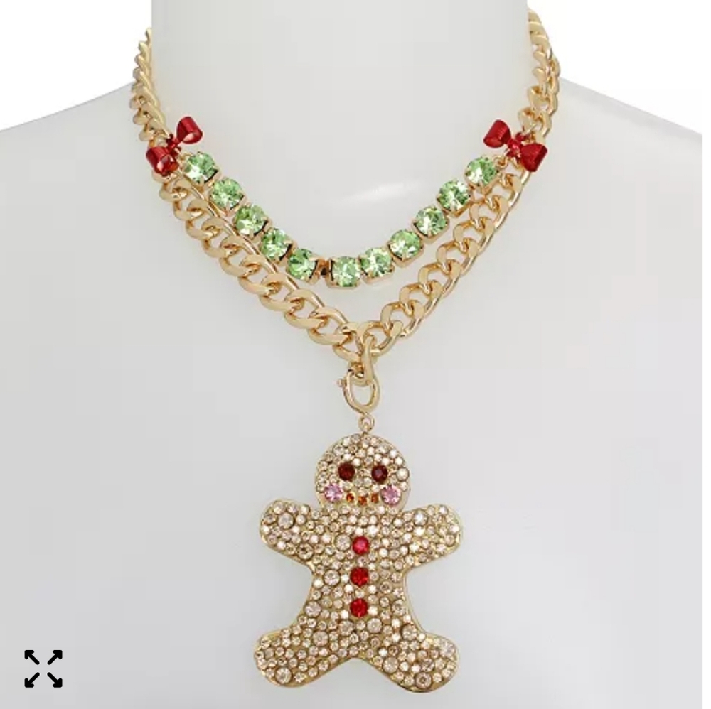 NWT Betsey Johnson Convertible Gingerbread Man Necklace Christmas Ornament Jewel